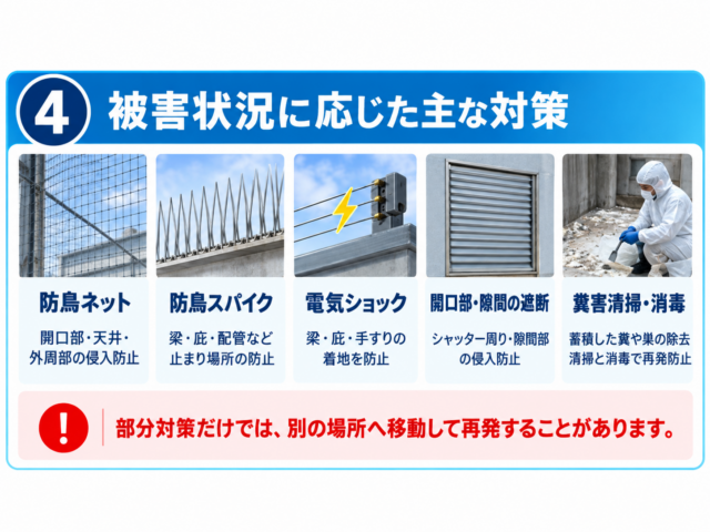工場・倉庫の鳩対策は被害状況によって変わります